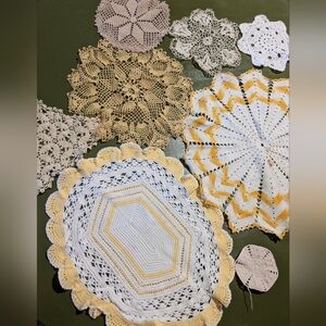 8pc Vintage Lot of Crocheted Doilies & Pieces Cream, Beige, White Orange